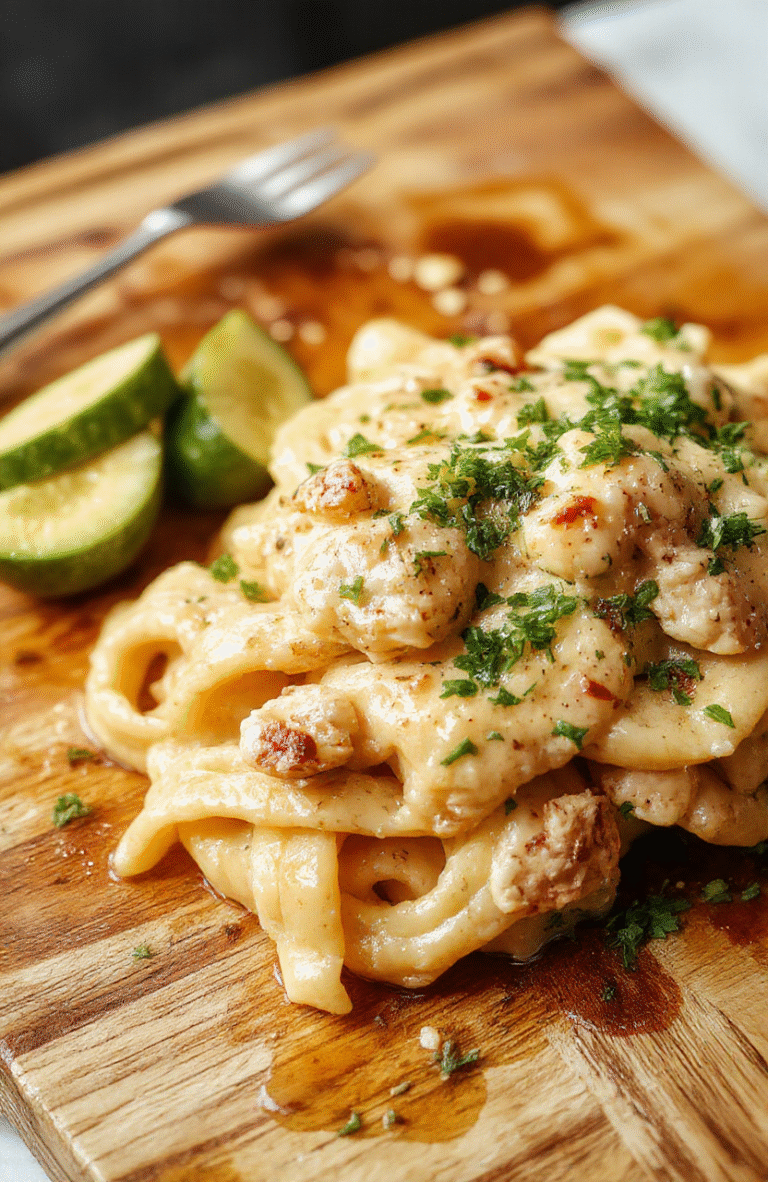 A steaming plate of creamy cowboy butter chicken pasta with tender chicken pieces, al dente pasta coated in a rich golden buttery sauce with hints of garlic and subtle spice, garnished with fresh parsley and a sprinkle of red pepper flakes, served on a rustic wooden table with soft natural lighting and shallow depth of field blur.