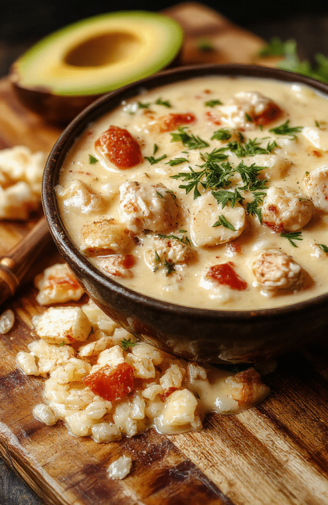 A steaming bowl of creamy chicken wild rice soup with tender shredded chicken, chewy wild rice, crunchy celery, and golden carrots, garnished with fresh parsley, served in a rustic ceramic bowl on a wooden table with soft daylight and shallow depth of field.