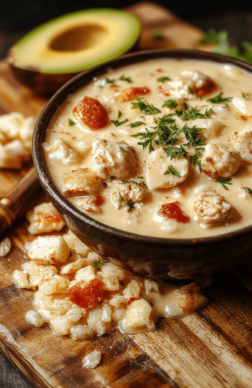A steaming bowl of creamy chicken wild rice soup with tender shredded chicken, chewy wild rice, crunchy celery, and golden carrots, garnished with fresh parsley, served in a rustic ceramic bowl on a wooden table with soft daylight and shallow depth of field.