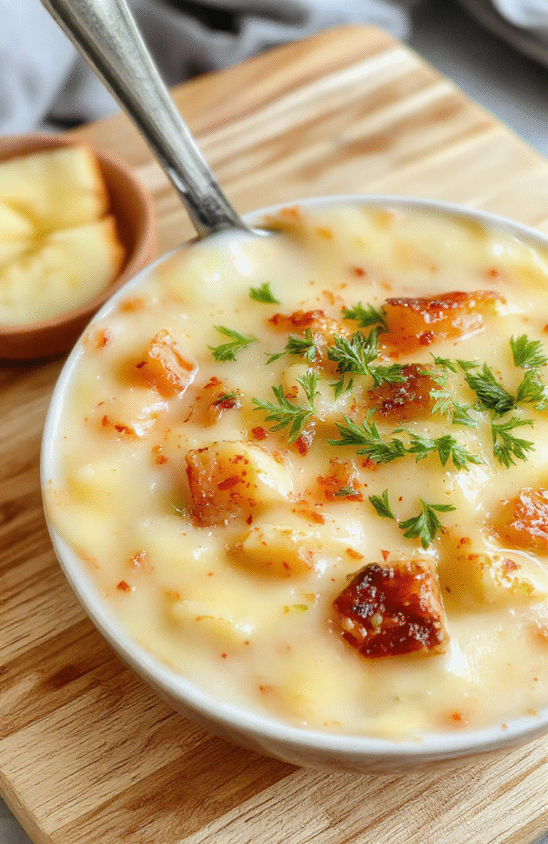 A steaming bowl of creamy crockpot potato soup garnished with fresh chives, crispy bacon bits, and a dollop of sour cream, served in a rustic ceramic bowl against a wooden table with soft natural light.