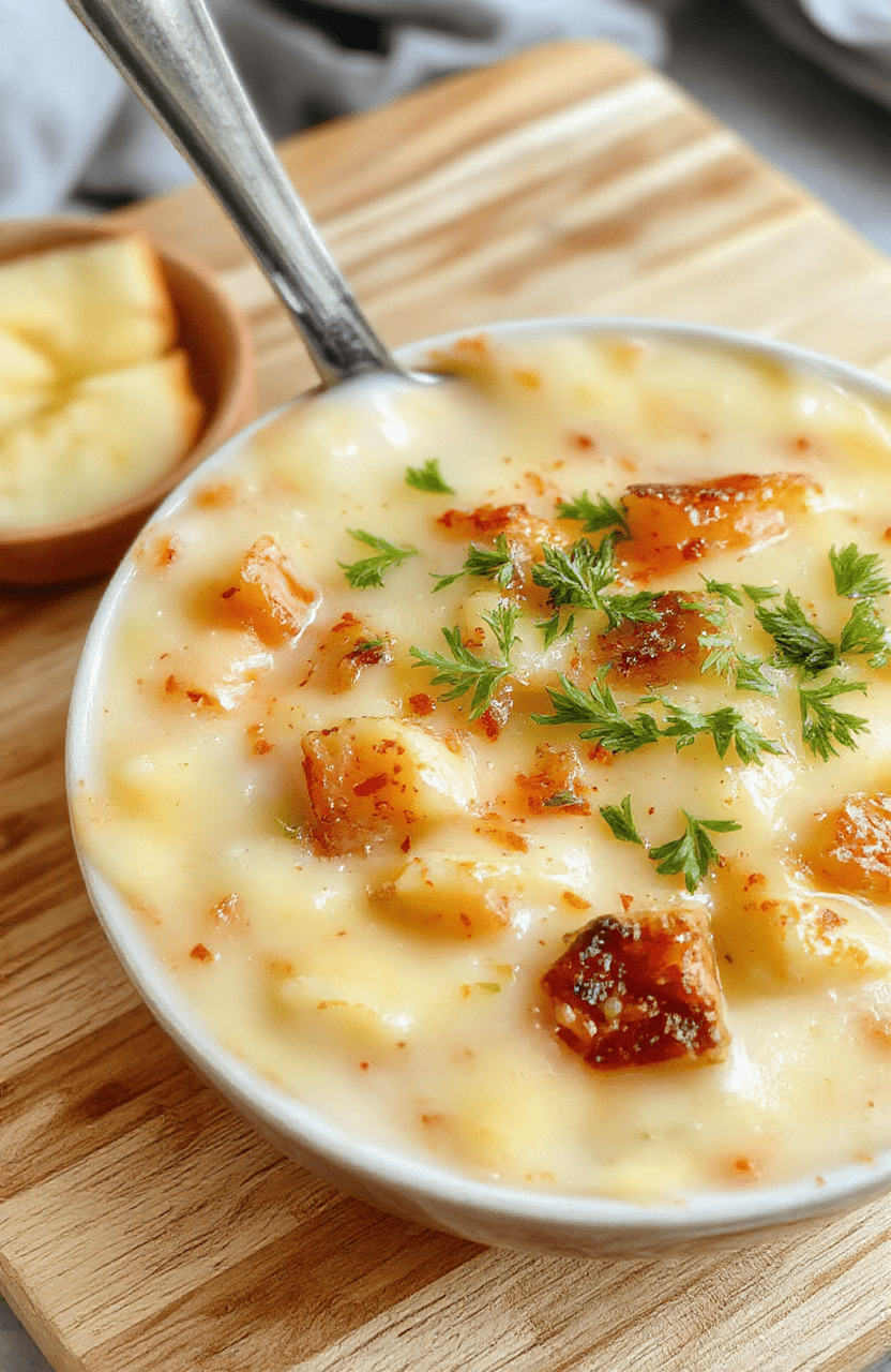 A steaming bowl of creamy crockpot potato soup garnished with fresh chives, crispy bacon bits, and a dollop of sour cream, served in a rustic ceramic bowl against a wooden table with soft natural light.