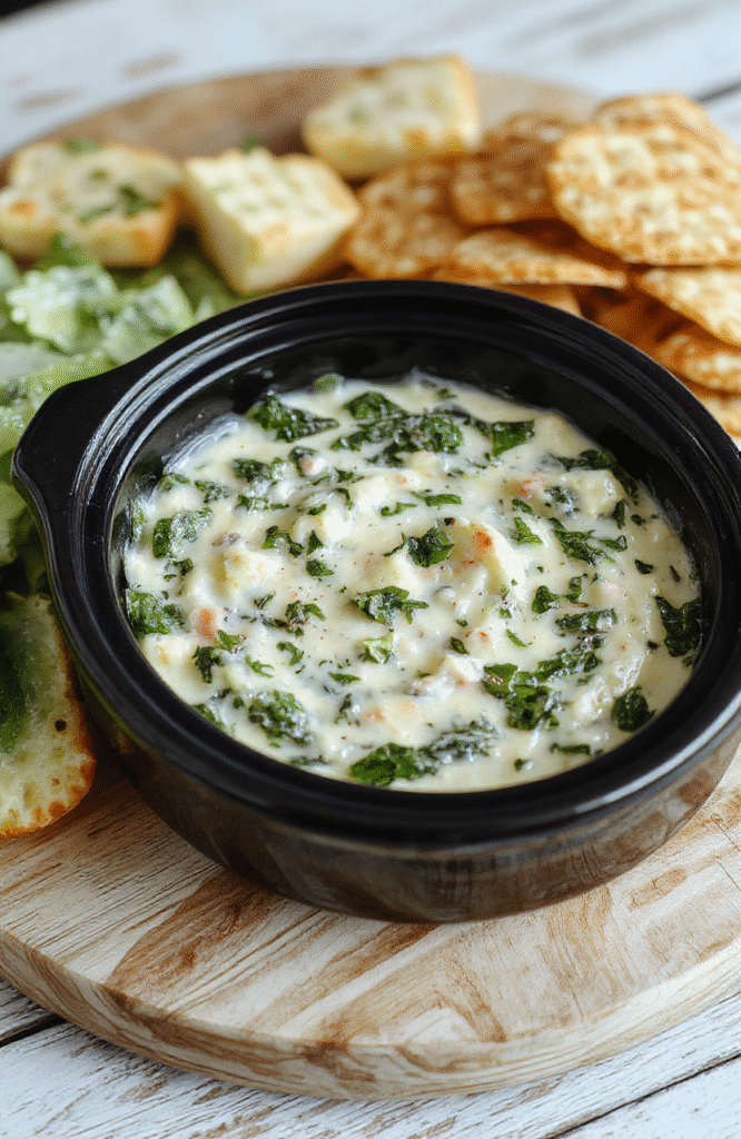 A rustic ceramic crockpot centered on a wooden table, filled with creamy, bubbling spinach artichoke dip, garnished with fresh parsley and red pepper flakes, served with golden tortilla chips arranged around the base, soft natural light casting warm shadows.