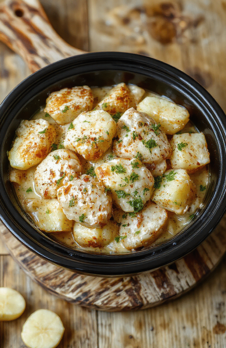 Golden-brown roasted potatoes and tender chicken thighs nestled in a creamy garlic parmesan sauce in a ceramic slow cooker, garnished with fresh parsley and grated parmesan, steam rising slightly