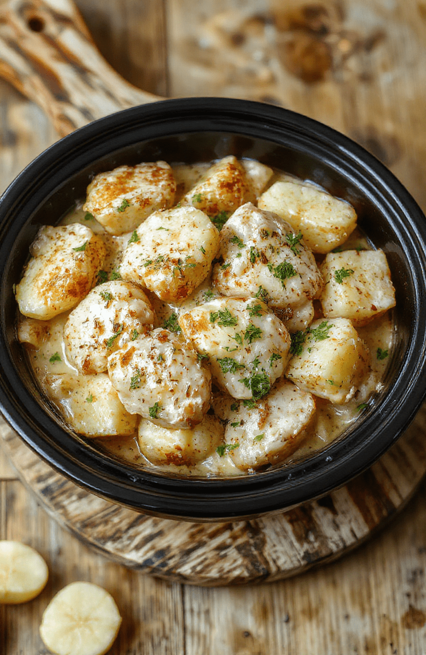 Golden-brown roasted potatoes and tender chicken thighs nestled in a creamy garlic parmesan sauce in a ceramic slow cooker, garnished with fresh parsley and grated parmesan, steam rising slightly