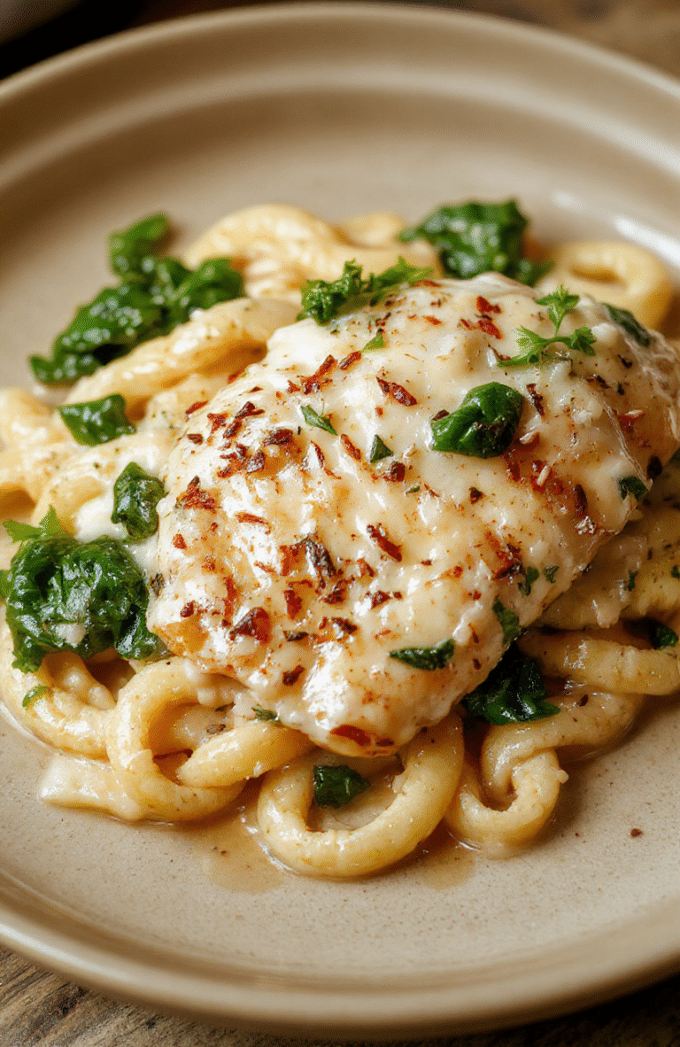 A plated portion of creamy garlic parmesan chicken over linguine, topped with fresh spinach, grated parmesan, and a light garnish of parsley, served on a rustic wooden board in natural light with soft shadows.