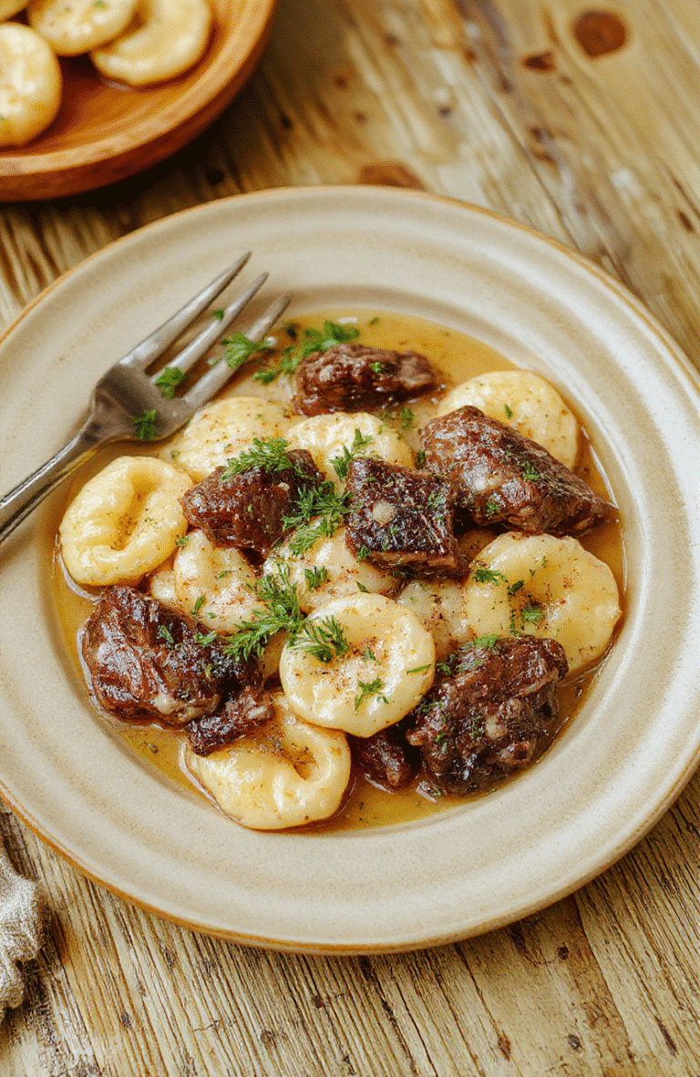 A vibrant plate of cream-colored cheese-filled tortellini tossed with tender steak strips, roasted garlic, sautéed spinach, and a glossy garlic-parmesan sauce, garnished with fresh parsley and a sprinkle of red pepper flakes, served on a rustic white ceramic plate against a wooden table with natural light and soft shadows.