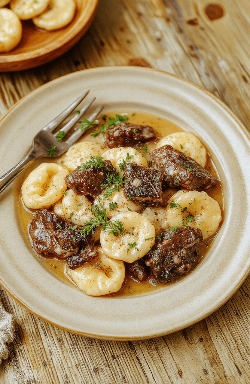 A vibrant plate of cream-colored cheese-filled tortellini tossed with tender steak strips, roasted garlic, sautéed spinach, and a glossy garlic-parmesan sauce, garnished with fresh parsley and a sprinkle of red pepper flakes, served on a rustic white ceramic plate against a wooden table with natural light and soft shadows.