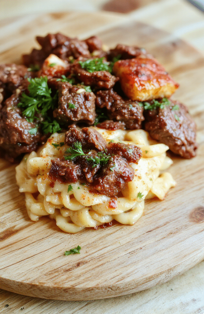 A steaming bowl of creamy ground beef orzo on a rustic wooden board, garnished with fresh parsley and grated Parmesan, golden-brown beef crumbles visible amid tender orzo pasta in a rich, velvety sauce with flecks of garlic and shallot.