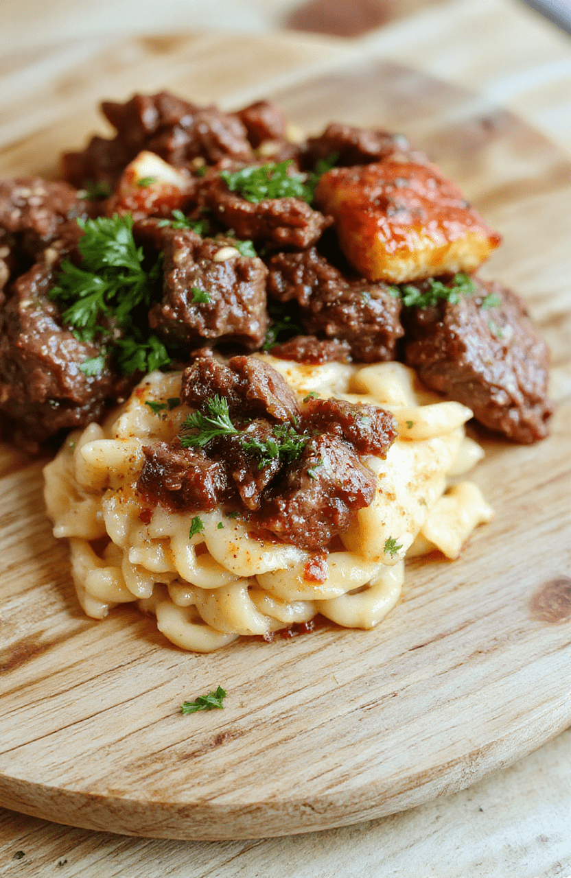 A steaming bowl of creamy ground beef orzo on a rustic wooden board, garnished with fresh parsley and grated Parmesan, golden-brown beef crumbles visible amid tender orzo pasta in a rich, velvety sauce with flecks of garlic and shallot.