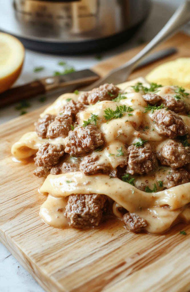 A rustic ceramic bowl filled with tender, silken ground beef stroganoff in a rich cream and mushroom sauce, served over a nest of golden egg noodles. Fresh parsley sprinkled on top, steam rising gently from the dish, natural light casting soft shadows. Wooden spoon resting beside the bowl.