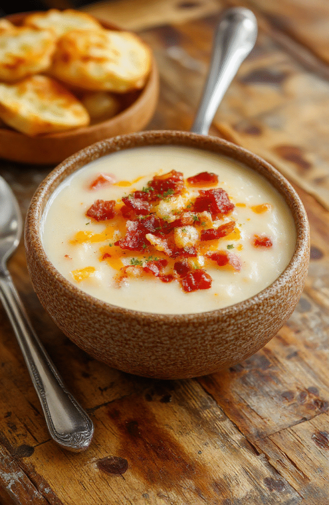 A steaming bowl of thick, creamy potato soup topped with crispy bacon crumbles, shredded cheddar cheese, sour cream, and fresh chives, served in a rustic ceramic bowl against a wooden table with subtle natural lighting and soft shadows.