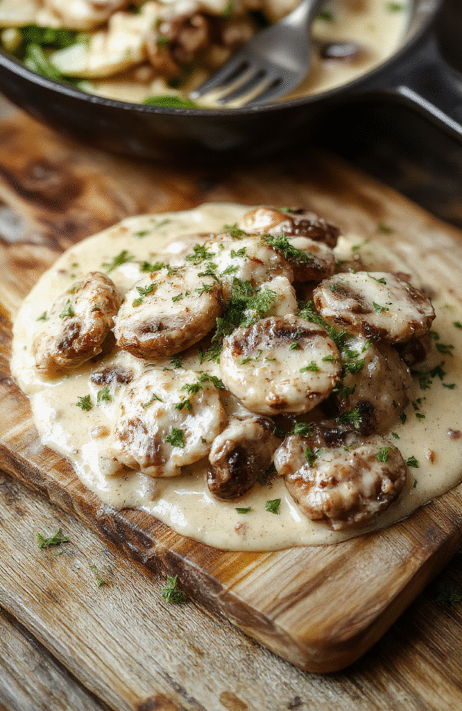 Golden-brown seared chicken thighs nestled with sautéed mushrooms and golden onions in a rich, creamy garlic sauce, garnished with fresh parsley and served in a rusticcast-iron skillet on a wooden table with soft natural lighting.