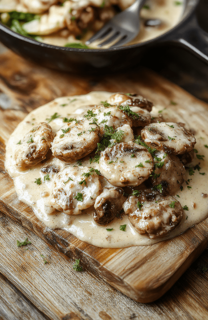Golden-brown seared chicken thighs nestled with sautéed mushrooms and golden onions in a rich, creamy garlic sauce, garnished with fresh parsley and served in a rusticcast-iron skillet on a wooden table with soft natural lighting.