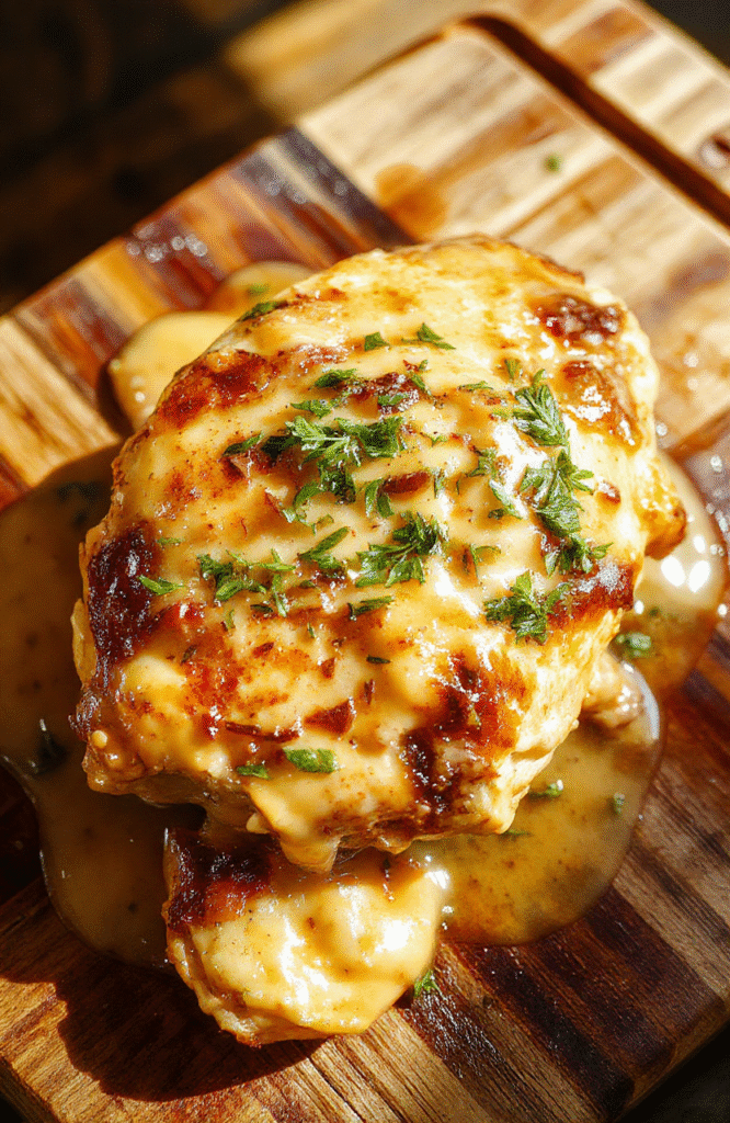 Golden-brown pan-seared chicken breasts served over buttery mashed potatoes, drizzled with rich, velvety brown gravy and garnished with fresh parsley.