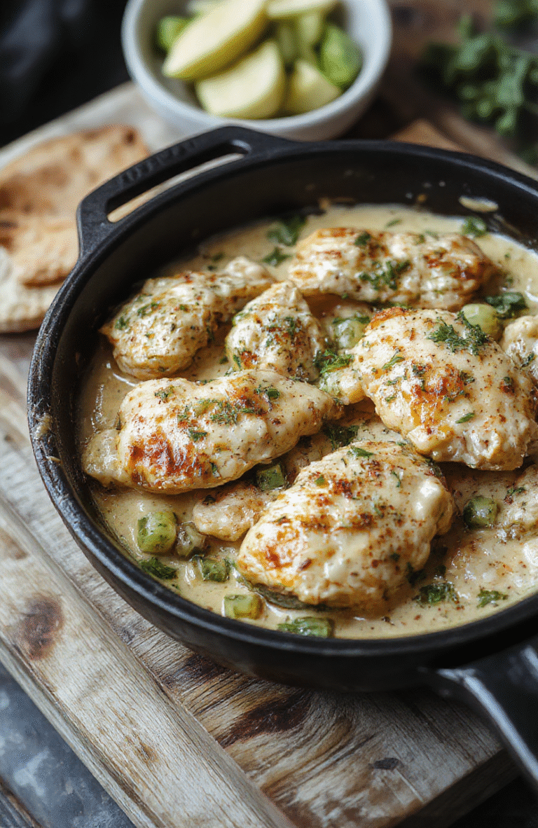 Golden-brown chicken pieces in a rich, pale yellow creamy sauce with vibrant green pepperoncini peppers and a dusting of fresh parsley, served in a cast iron skillet with rustic garnish.
