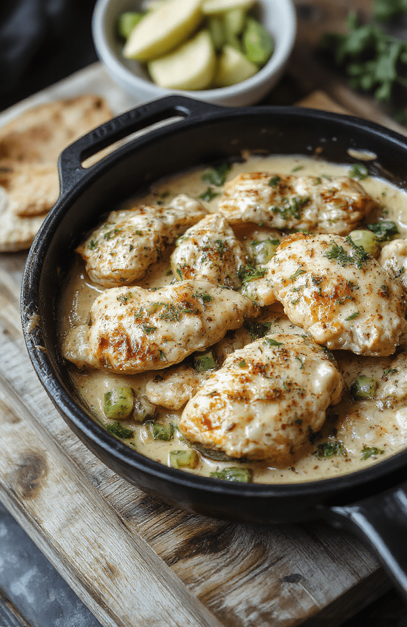 Golden-brown chicken pieces in a rich, pale yellow creamy sauce with vibrant green pepperoncini peppers and a dusting of fresh parsley, served in a cast iron skillet with rustic garnish.