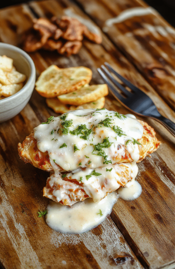 Golden-brown baked chicken breasts topped with a thick, creamy white ranch sauce, scattered with fresh parsley and cracked black pepper, served on a rustic ceramic plate next to roasted baby potatoes and broccoli florets on a light wooden table in natural daylight.