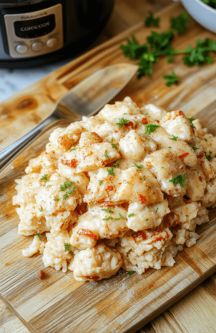 A steaming bowl of tender, golden-brown chicken pieces nestled over fluffy white rice, simmered in a creamy sauce with subtle herbal hints, garnished with fresh parsley and cracked black pepper, served in a rustic ceramic bowl on a light wooden table with soft natural light and gentle shadows.