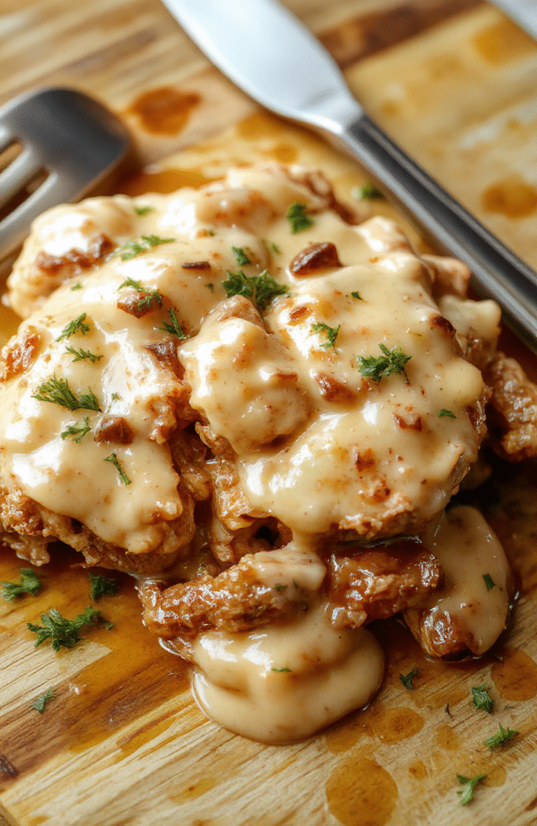 Tender shredded chicken in rich golden-brown gravy with creamy texture, served in a rustic ceramic bowl garnished with fresh parsley and cracked black pepper, steam rising, on a light wooden cutting board with soft natural lighting and shallow depth of field.