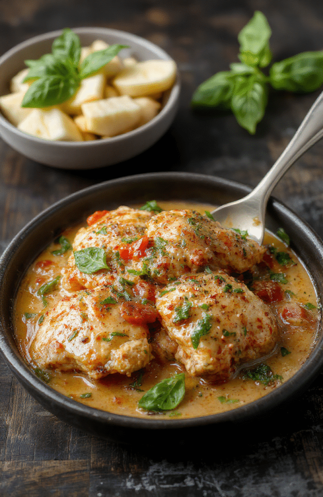 A rustic ceramic bowl filled with tender shredded chicken in a vibrant red tomato-basil cream sauce, garnished with fresh basil leaves and a drizzle of olive oil, served alongside crusty garlic bread on a wooden cutting board.