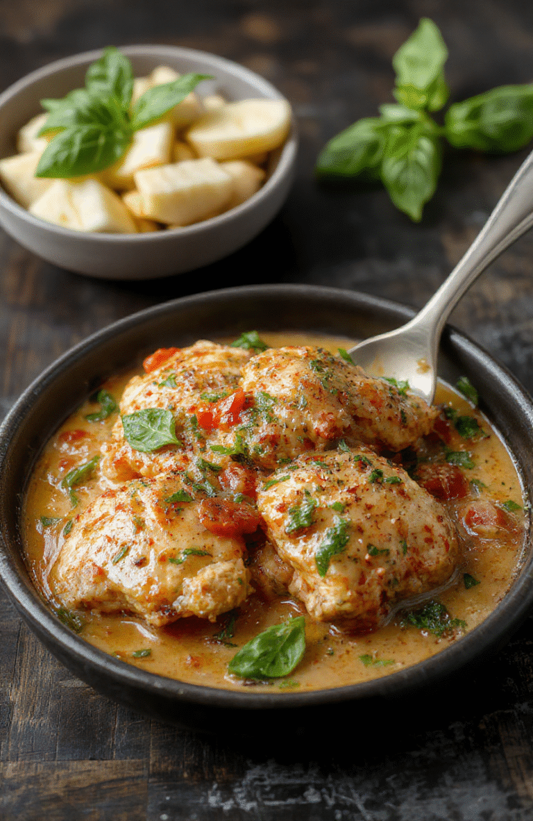 A rustic ceramic bowl filled with tender shredded chicken in a vibrant red tomato-basil cream sauce, garnished with fresh basil leaves and a drizzle of olive oil, served alongside crusty garlic bread on a wooden cutting board.