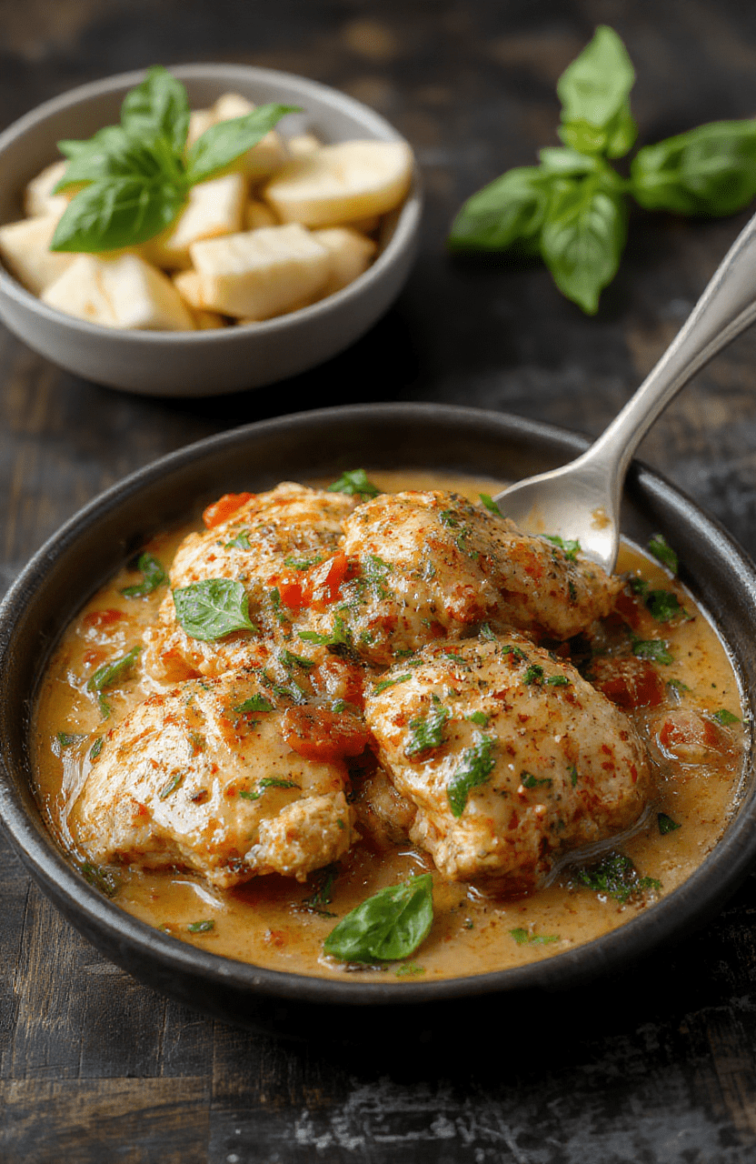 A rustic ceramic bowl filled with tender shredded chicken in a vibrant red tomato-basil cream sauce, garnished with fresh basil leaves and a drizzle of olive oil, served alongside crusty garlic bread on a wooden cutting board.
