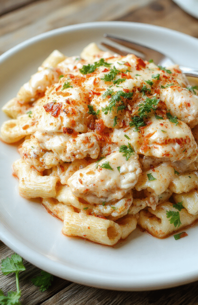 Golden-brown penne pasta tossed in a vibrant creamy Alfredo sauce with Southwest flair—featuring charred红 bell peppers, black beans, diced red onion, and shredded grilled chicken—garnished with fresh cilantro and a sprinkle of crumbled tortilla chips, served in a rustic white ceramic bowl against a warm wooden table.