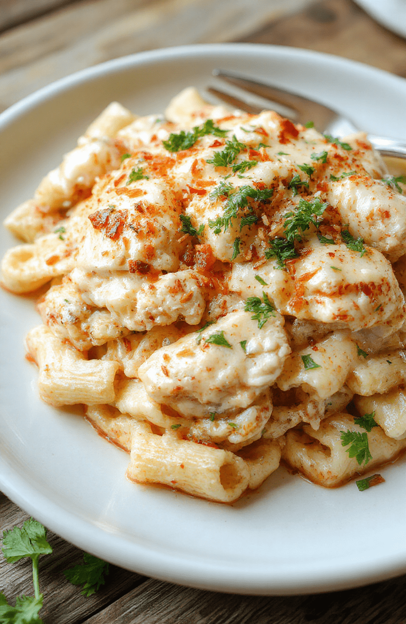 Golden-brown penne pasta tossed in a vibrant creamy Alfredo sauce with Southwest flair—featuring charred红 bell peppers, black beans, diced red onion, and shredded grilled chicken—garnished with fresh cilantro and a sprinkle of crumbled tortilla chips, served in a rustic white ceramic bowl against a warm wooden table.