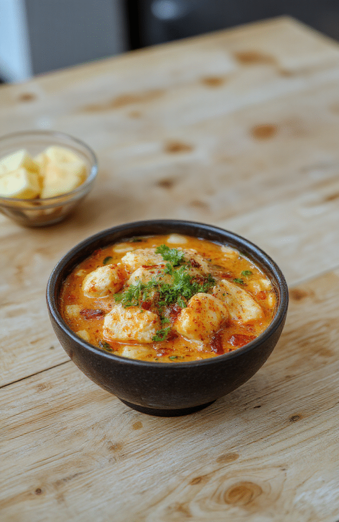A steaming bowl of creamy spicy chicken ramen with tender sliced chicken, soft-boiled egg, bok choy, scallions, and chili oil drizzle, served in a rustic ceramic bowl on a wooden table with subtle natural lighting and soft shadows.
