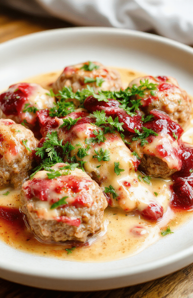 Golden-brown Swedish meatballs nestled in a creamy sauce with lingonberry swirl, served on a rustic ceramic plate with a side of buttery mashed potatoes and fresh parsley, natural light, soft shadows, shallow depth of field.