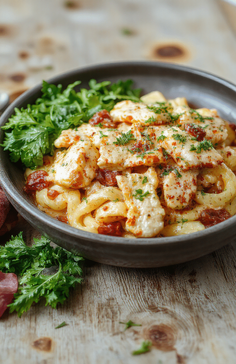 Golden-brown seared chicken breast slices atop al dente pasta in a vibrant creamy spinach-tomato sauce, garnished with fresh basil leaves and a light dusting of parmesan cheese, served in a rustic white ceramic bowl against a wooden table with blurred Italian countryside setting in background.