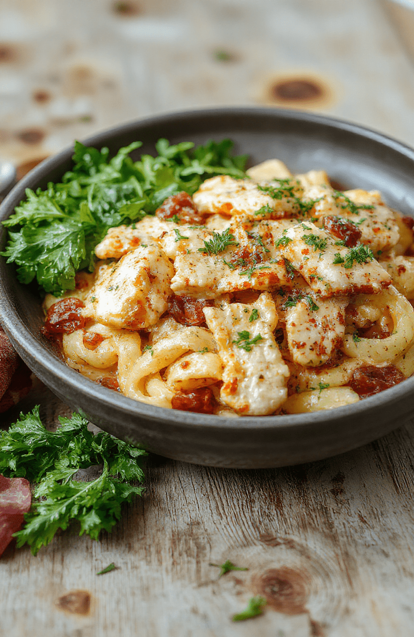 Golden-brown seared chicken breast slices atop al dente pasta in a vibrant creamy spinach-tomato sauce, garnished with fresh basil leaves and a light dusting of parmesan cheese, served in a rustic white ceramic bowl against a wooden table with blurred Italian countryside setting in background.