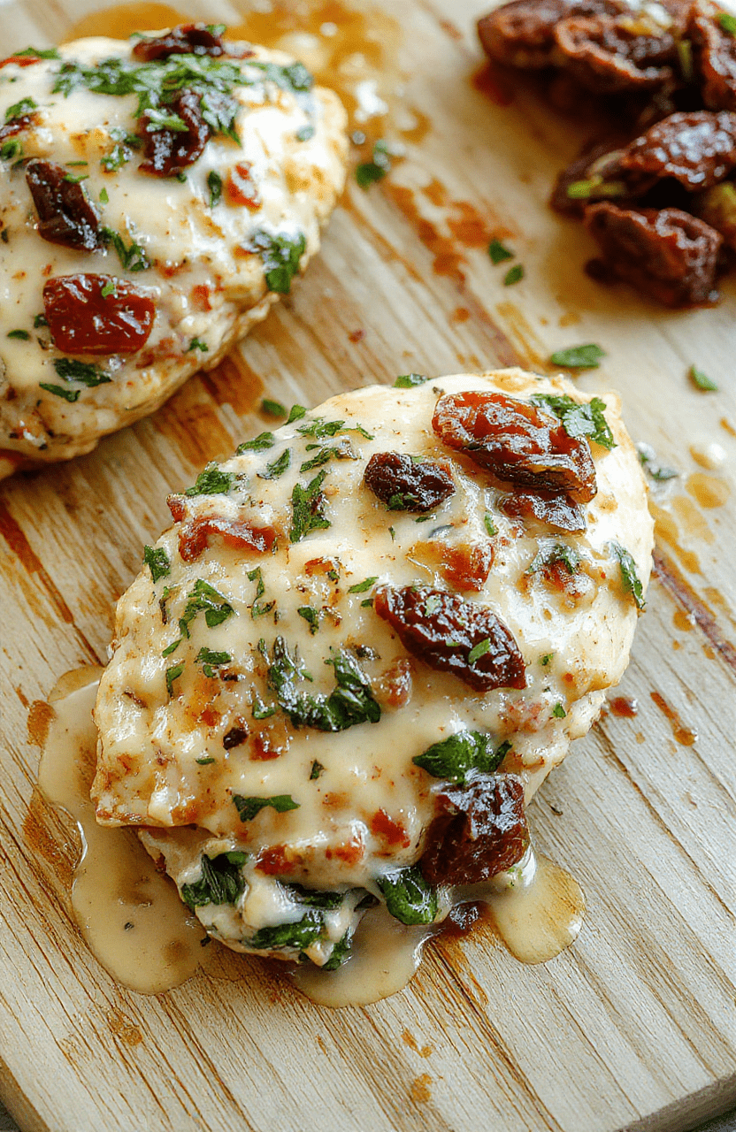 Golden-brown pan-seared chicken breast on a bed of creamy simmered spinach and sun-dried tomatoes, garnished with fresh basil and a light dusting of parmesan, served on a rustic ceramic plate with soft shadows and natural light.