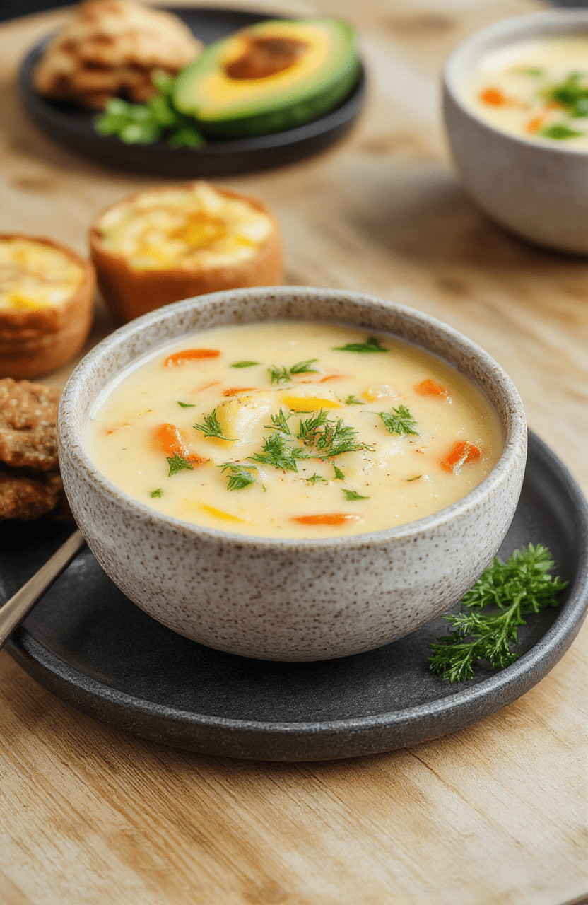 A steaming bowl of comforting creamy vegetable soup in a rustic white ceramic bowl, garnished with fresh parsley and a drizzle of olive oil. The soup features soft diced carrots, celery, potatoes, and cauliflower suspended in a pale golden-white base. Visible textures include tender greens and a velvety consistency. Light steam rises from the surface. Placed on a light wood table with soft natural daylight and subtle shadows.