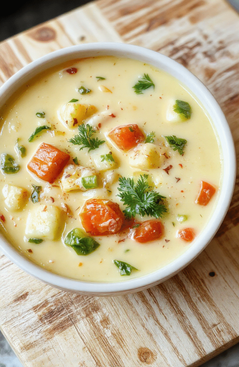 A rustic ceramic bowl filled with thick, creamy green-creamy vegetable soup, studded with tender carrots, celery fragments, and green peas. Drizzled with fresh basil oil and garnished with chopped chives and a light swirl of coconut cream. Background is a soft, sunlit wooden table with warm natural daylight, soft shadows, and shallow depth of field focusing on the soup’s creamy texture and colorful veggies.