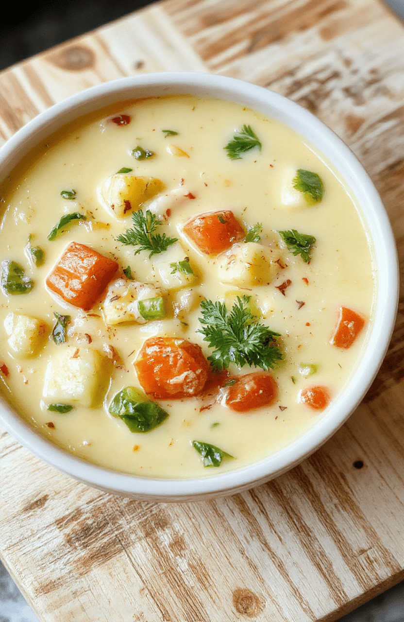 A rustic ceramic bowl filled with thick, creamy green-creamy vegetable soup, studded with tender carrots, celery fragments, and green peas. Drizzled with fresh basil oil and garnished with chopped chives and a light swirl of coconut cream. Background is a soft, sunlit wooden table with warm natural daylight, soft shadows, and shallow depth of field focusing on the soup’s creamy texture and colorful veggies.