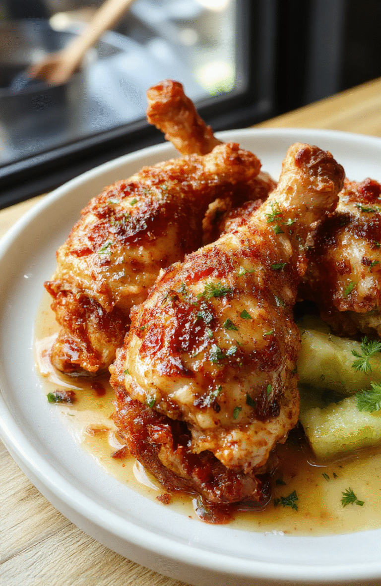 Golden-brown crispy baked chicken legs on a white ceramic plate, skin deeply blistered and glistening, resting on a bed of coarsely chopped rosemary sprigs and lemon zest shavings, with lightly charred halved baby potatoes and bright green broccoli florets scattered around. Natural light highlights the juicy meat and crackling skin.