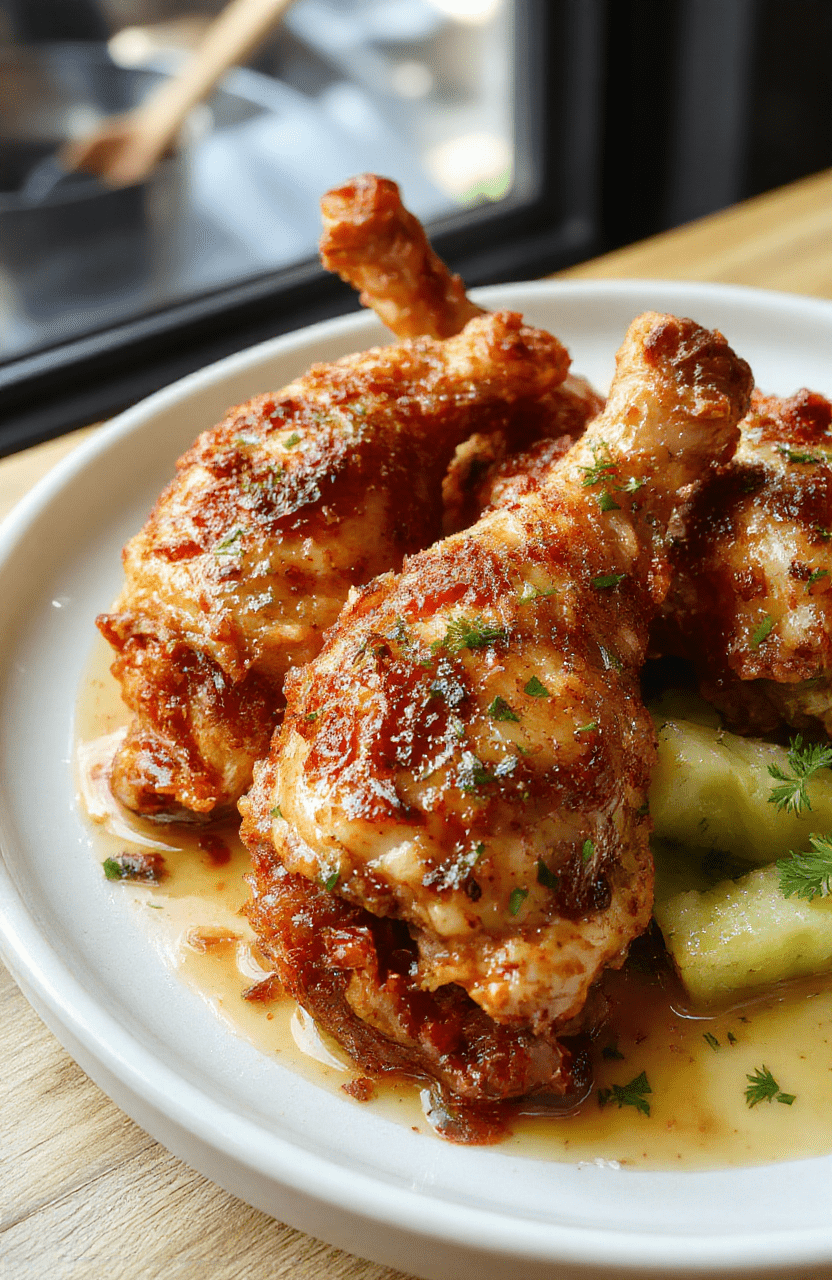 Golden-brown crispy baked chicken legs on a white ceramic plate, skin deeply blistered and glistening, resting on a bed of coarsely chopped rosemary sprigs and lemon zest shavings, with lightly charred halved baby potatoes and bright green broccoli florets scattered around. Natural light highlights the juicy meat and crackling skin.