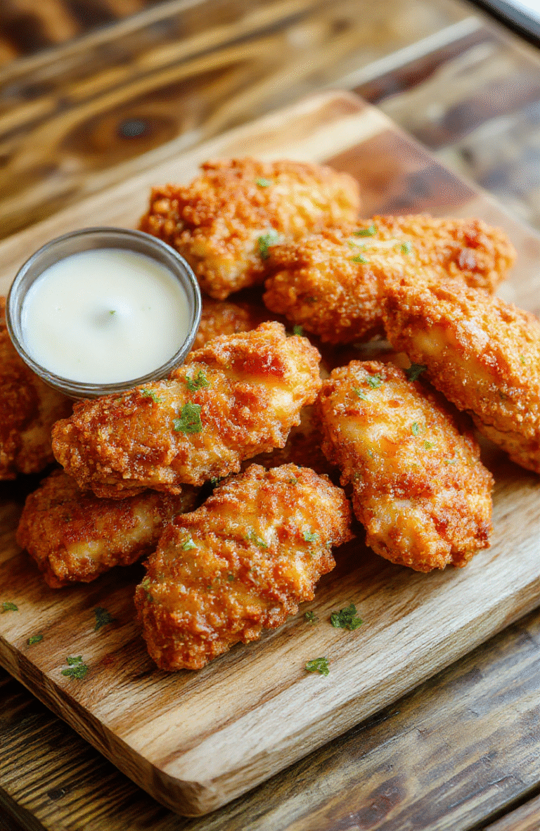 Golden-brown crispy chicken tenders on a white ceramic plate, with a side of pale yellow dipping sauce and a few fresh cucumber slices. Juicy interior visible where one piece is snapped in half, dusted lightly with coarse salt and paprika. Natural light, soft shadows, shallow depth of field, clean rustic wooden table in background.