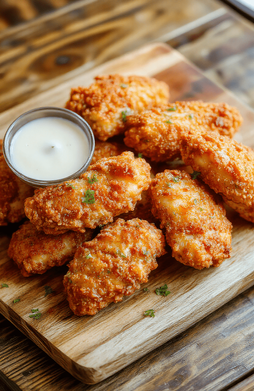 Golden-brown crispy chicken tenders on a white ceramic plate, with a side of pale yellow dipping sauce and a few fresh cucumber slices. Juicy interior visible where one piece is snapped in half, dusted lightly with coarse salt and paprika. Natural light, soft shadows, shallow depth of field, clean rustic wooden table in background.