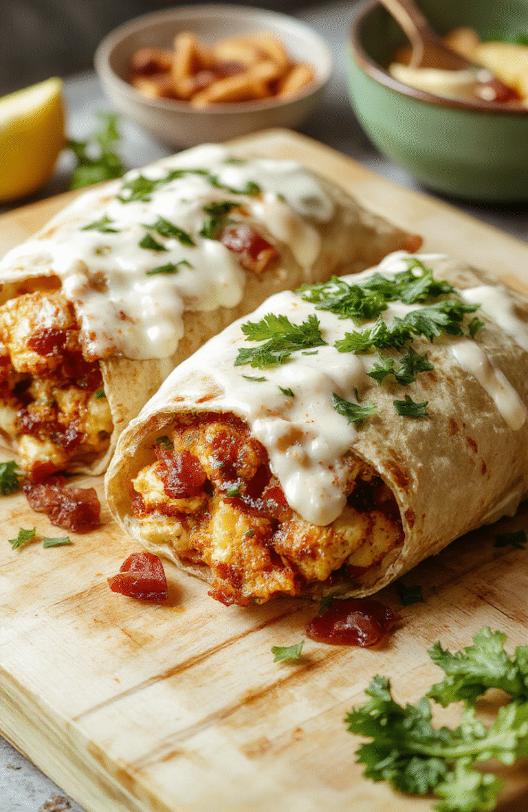 A golden-brown, crunchy flour tortilla wrap filled with juicy grilled chicken strips, crispy bacon bits, melted cheddar cheese, and creamy ranch dressing, garnished with fresh green onions and served on a rustic wooden board with a side of halved cherry tomatoes and a drizzle of ranch.