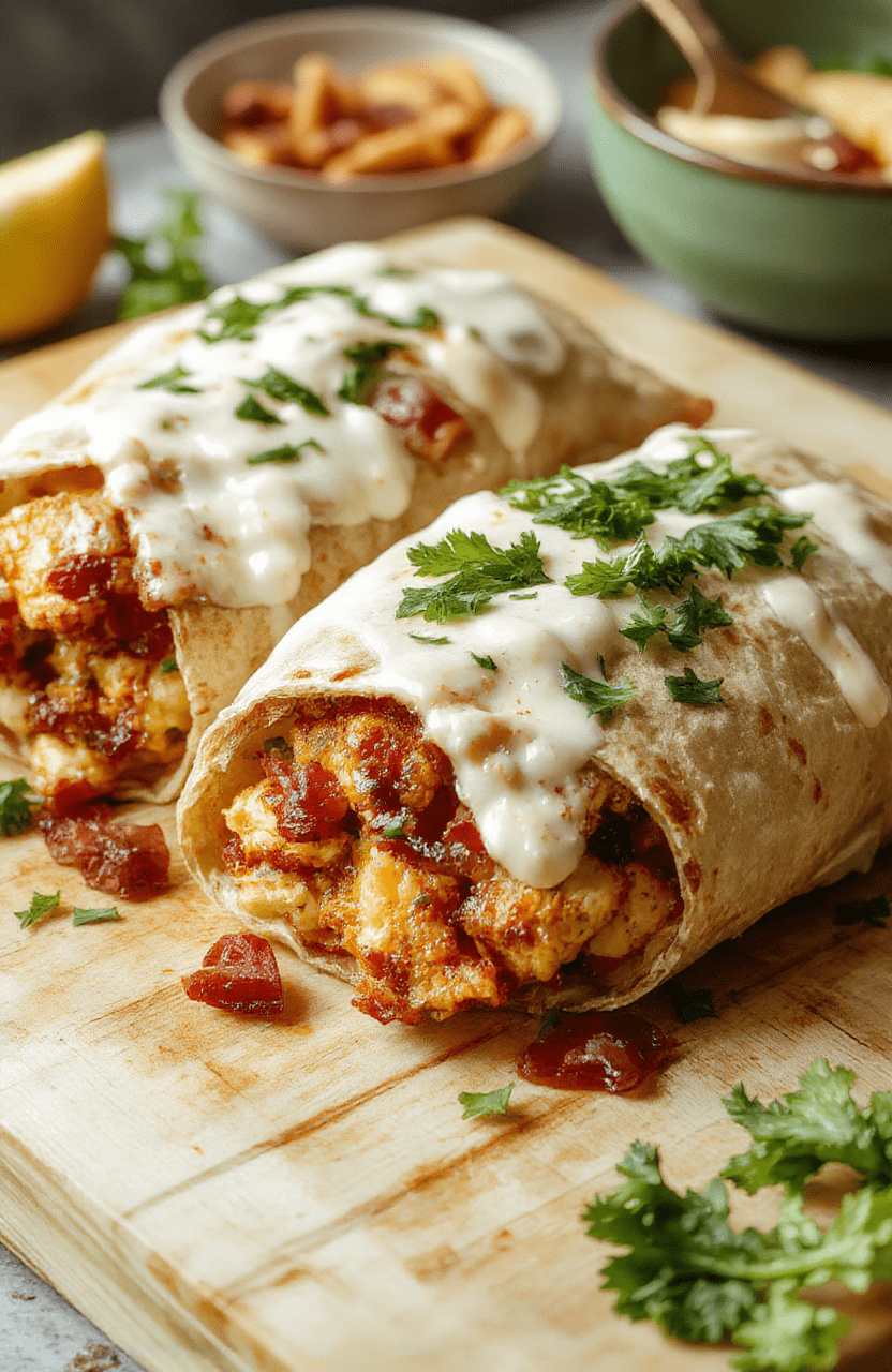 A golden-brown, crunchy flour tortilla wrap filled with juicy grilled chicken strips, crispy bacon bits, melted cheddar cheese, and creamy ranch dressing, garnished with fresh green onions and served on a rustic wooden board with a side of halved cherry tomatoes and a drizzle of ranch.