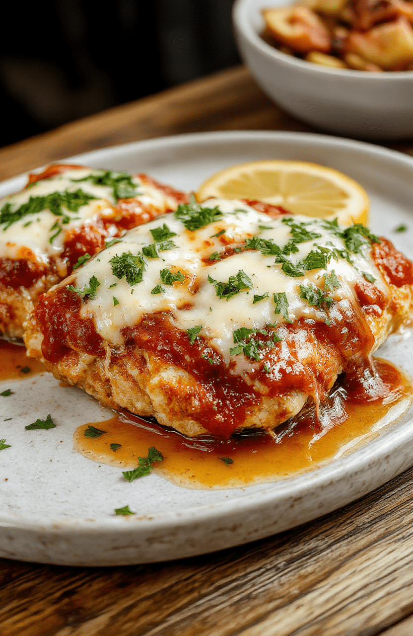 Golden-brown, crispy breaded chicken cutlet topped with bubbling melted mozzarella and rich red marinara sauce, served over al dente spaghetti in a rustic ceramic bowl, garnished with fresh basil leaves and a drizzle of olive oil.