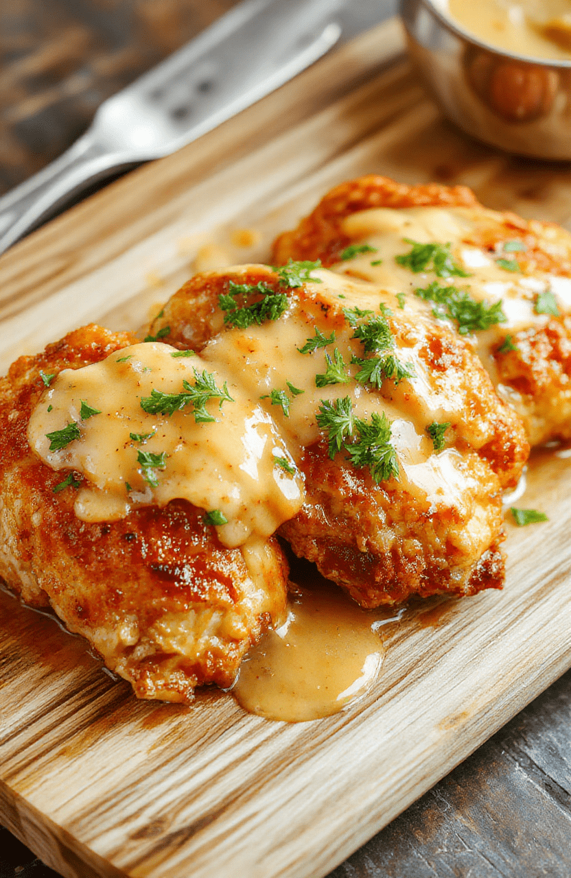 Golden-brown, crispy-skinned chicken thighs glistening with glossy honey butter glaze, served on a rustic wooden board with lightly charred broccoli florets and roasted baby carrots, garnished with sesame seeds and chopped parsley, background of soft-focus kitchen counter with natural light.