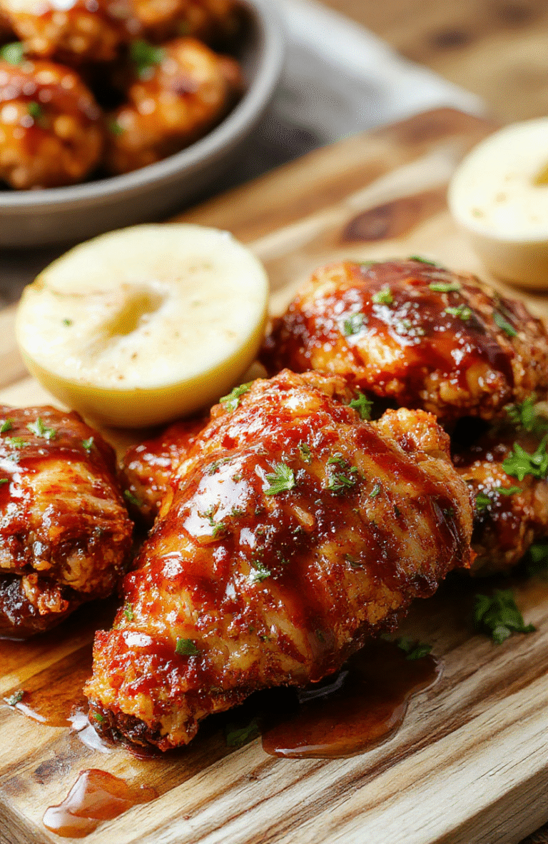 Golden-brown crispy-skinned chicken thighs glistening with sticky hot honey glaze, nestled on a rustic wooden board, garnished with fresh thyme sprigs and a sprinkle of flaky sea salt, against a soft blurred background.