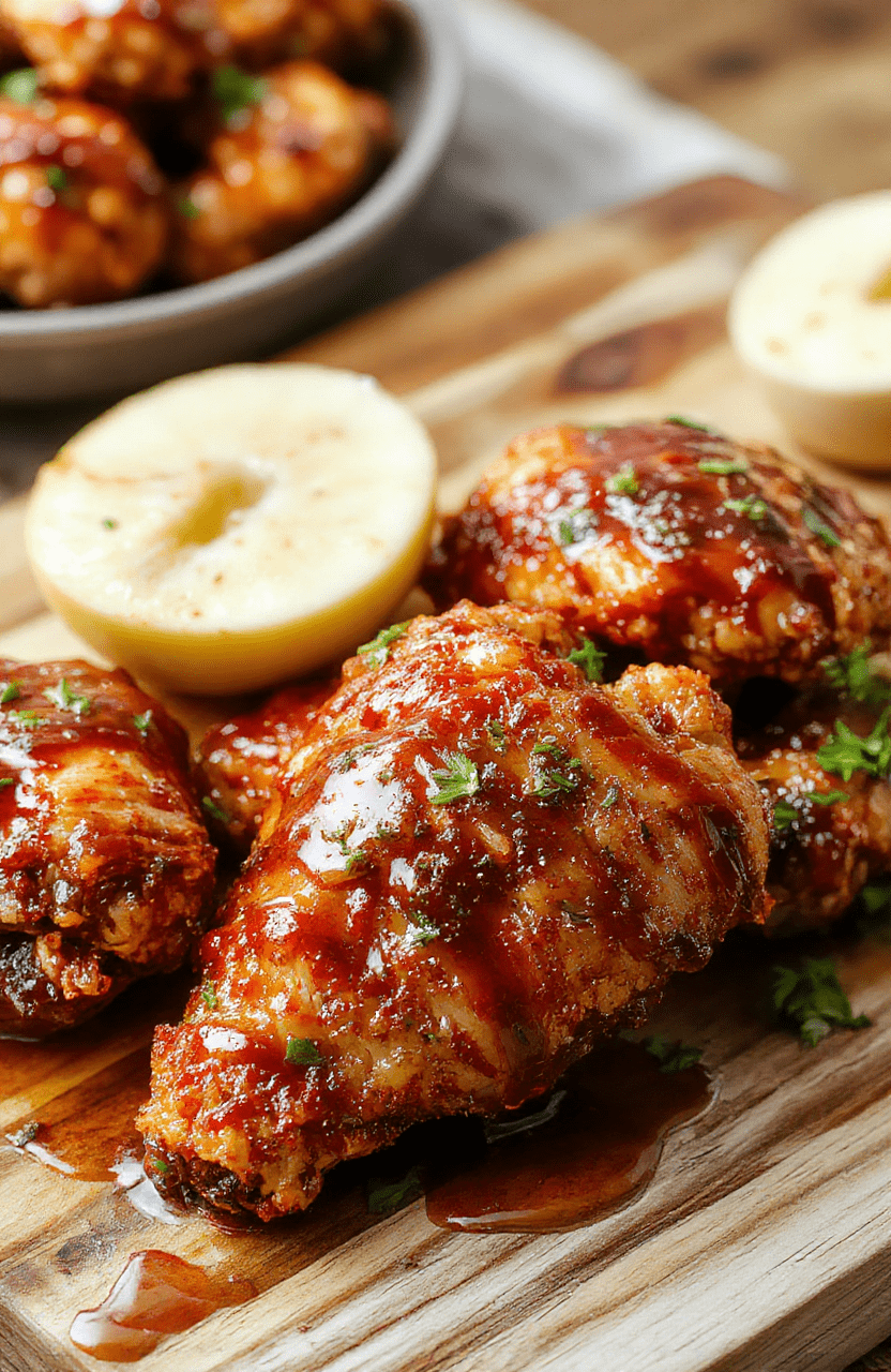 Golden-brown crispy-skinned chicken thighs glistening with sticky hot honey glaze, nestled on a rustic wooden board, garnished with fresh thyme sprigs and a sprinkle of flaky sea salt, against a soft blurred background.