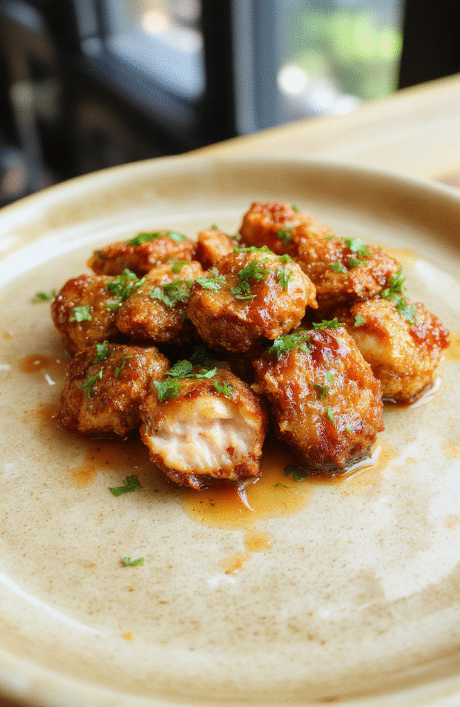 Golden-brown crispy orange chicken pieces glistening with glossy orange glaze, scattered with sesame seeds and sliced green onions, served in a white ceramic bowl against a light wooden cutting board with steam rising, vibrant colors and textures in natural daylight.