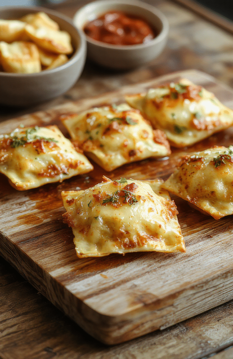 Crispy golden-brown toasted ravioli on a white ceramic plate, lightly dusted with parsley and grated Parmesan, served with marinara sauce in a small ramekin nearby. Each ravioli has a delicate crunch with visible cheese filling peeking through, resting on a rustic wooden board with a drizzle of olive oil.