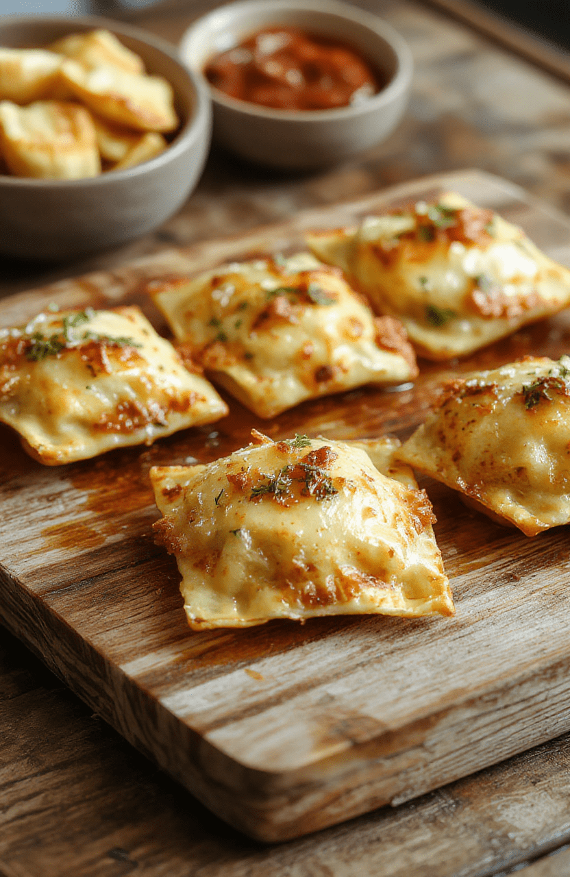 Crispy golden-brown toasted ravioli on a white ceramic plate, lightly dusted with parsley and grated Parmesan, served with marinara sauce in a small ramekin nearby. Each ravioli has a delicate crunch with visible cheese filling peeking through, resting on a rustic wooden board with a drizzle of olive oil.