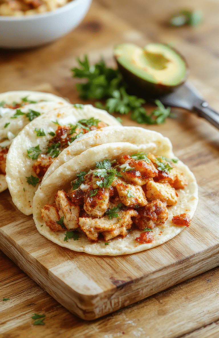 Juicy shredded chicken in a vibrant red chili-lime sauce, piled high in soft corn tortillas, topped with fresh cilantro, diced red onion, avocado slices, and a squeeze of lime; served on a rustic wooden board with lime wedges and cilantro sprigs scattered around.